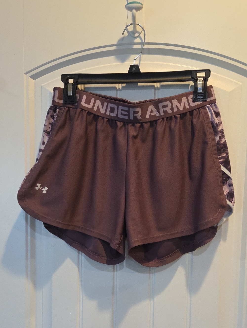 Under Armour Women's Mauve Athletic Shorts with Printed Side Panels